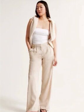 Abercrombie & Fitch Beige New High-Waist Wide-Leg Linen Blend Pants